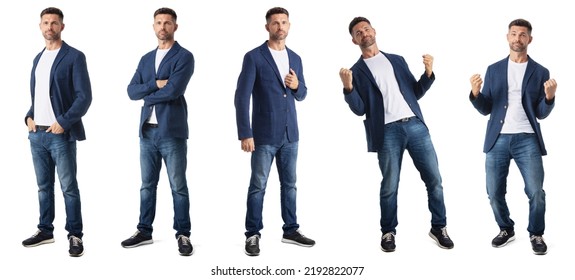 Set of mid adult businessman full length portraits doing different gestures studio isolated on white background - Shutterstock ID 2192822077