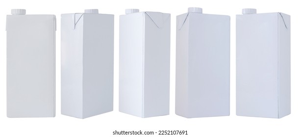 Set of milk or juice packages made of white carton paper in various angle, Mock up template design isolated on white background
