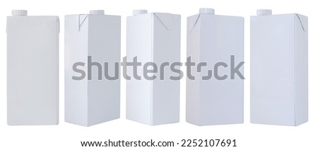 Set of milk or juice packages made of white carton paper in various angle, Mock up template design isolated on white background