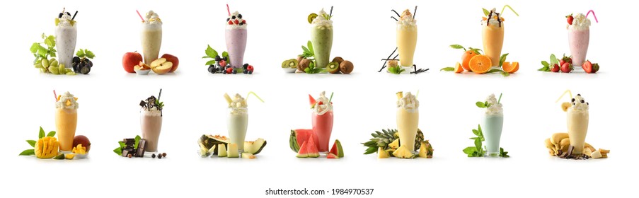 Set of milk shakes with cream in tall glass decorated with fruits of various flavors on white table and white isolated background. Front view. - Shutterstock ID 1984970537