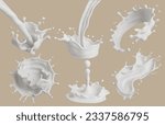 Set of Milk splash and pouring, yogurt or cream include Clipping path, 3d illustration.