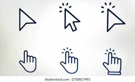 Set of minimalist computer mouse cursor arrows and hand clicker icons with circular download symbol