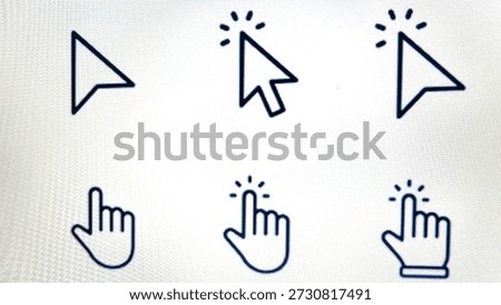 Set of minimalist computer mouse cursor arrows and hand clicker icons with circular download symbol