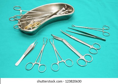 Set Of Minor Surgical Instrument On Sterile Tray