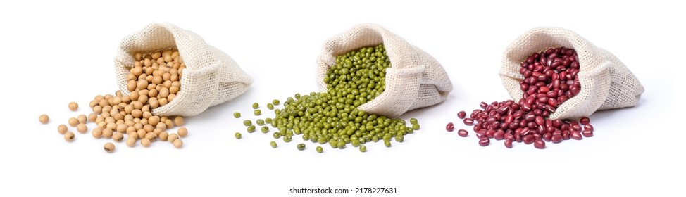 Set of mix bean (soy beans, green mung bean and Adzuki bean) in sack bag isolated on white background.