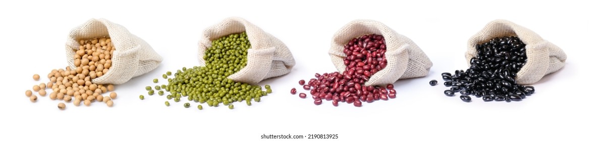 Set of mix bean (soybean, green mung bean, red adzuki and black beans) in sack bag isolated on white background.