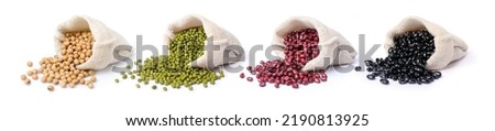 Set of mix bean (soybean, green mung bean, red adzuki and black beans) in sack bag isolated on white background.