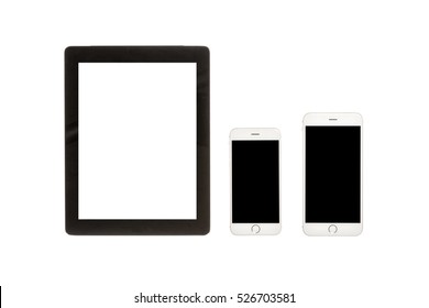 A Set Of Mobile Smart Device, Pad, Phone Isolated White.