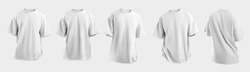 Set Mockup Of A White Oversized T-shirt 3D Rendering, With A Round Neck, Universal Clothing For Women, Men, Isolated On Background. Template Of Fashion Clothes For Branding, Place For Design