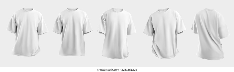 Set Mockup of a white oversized t-shirt 3D rendering, with a round neck, universal clothing for women, men, isolated on background. Template of fashion clothes for branding, place for design