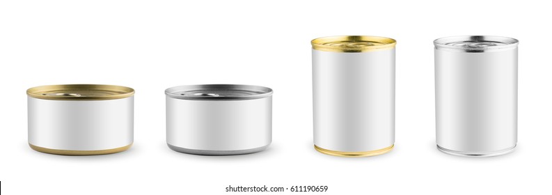 Set of mockups isolated. White blank tincan silver and gold metal Tin Can, canned Food. Ready for your design. Real product packing.