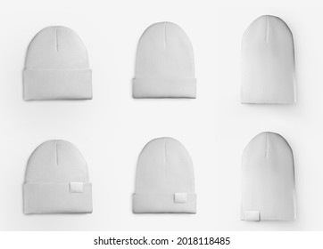 Set of mockups of a white winter beanie, front, back view, close-up headdress for design presentation, advertising of stylish accessories. Fashionable, wool hat template isolated on background.