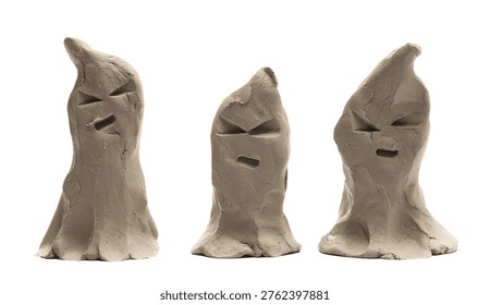 Set modelling clay shaped in comic fun ghosts sculpture isolated on white background, side view