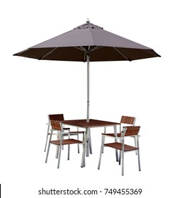 Set Of Modern Chair And Table With Outdoor Patio Umbrella, Wood And Chrome Or Steel Material, Isolate On White Background With Clipping Path