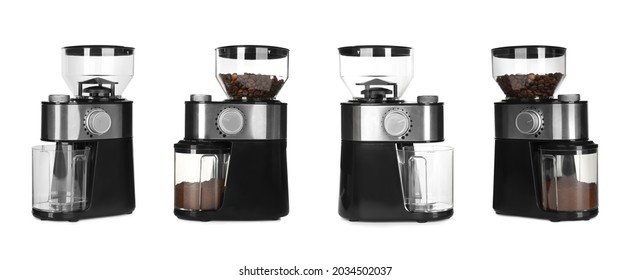 Set with modern electric coffee grinders on white background. Banner design  - Powered by Shutterstock