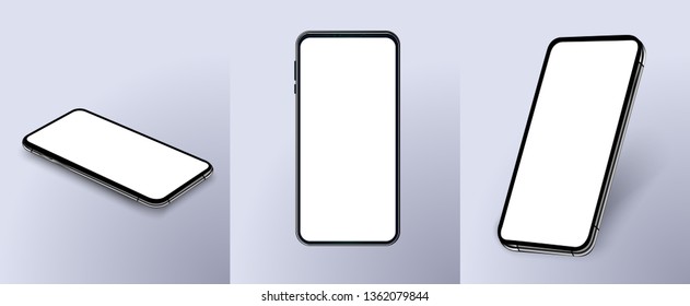 Set of modern frameless smartphones isolated on white background. Side and top and isometric view. Mockup generic device. Vector illustration