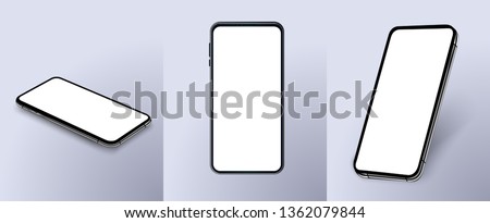 Set of modern frameless smartphones isolated on white background. Side and top and isometric view. Mockup generic device. Vector illustration