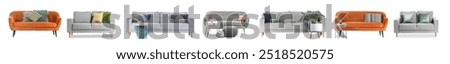 Set of modern sofas and coffee tables on white background