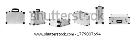 Set of modern suitcases on white background. Banner design