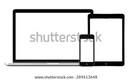 Set of modern technology devices template for responsive design presentation. Mockup consist of laptop, smartphone and tablet pc. Isolated on white background.