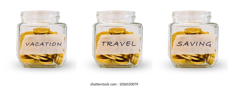 Set of Money Gold coins in glass bottle on bright with label alphabet "vacation,travel,saving" isolated on white background with clipping path ,Business financial investment and saving concept
 - Shutterstock ID 1036533079