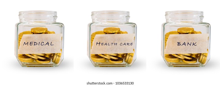 Set of Money Gold coins in glass bottle on bright with label alphabet " health care ,bank,medical" isolated on white background with clipping path ,Business financial investment and saving concept - Shutterstock ID 1036533130