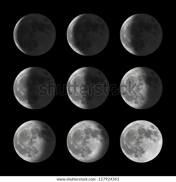 Set of moon phases\
for new, half, and full