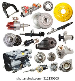 Set Of Motor And Automotive Parts. Isolated Over White