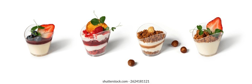 Set of mousse pudding with biscuit cake, berries, chocolate and nuts on white background. Candy bar, sweets and dessert