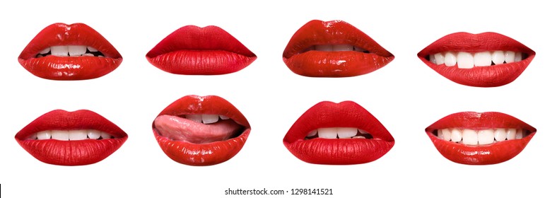 Set of mouths with beautiful make-up isolated on white. Red lipstick