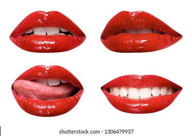 Set Of Mouths With Beautiful Make-up Isolated On White. Glossy Red Lipstick