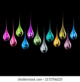 Set Of Multi Vitamin Complex In The Shape Of Colorful Drops On A Black Background