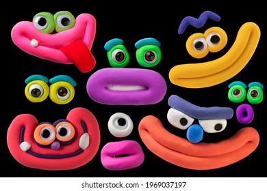 Set multicolor plasticine parts of face isolated on black