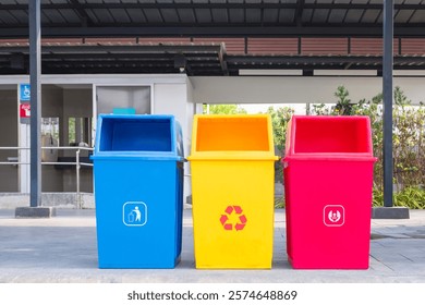 Set of multicolor waste sorting garbage cans on pavement floor in front of public restroom at gas station