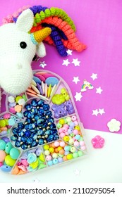 Set Of Multi-colored Beads For Needlework, Making Jewelry At Home. Easy And Creative Craft For Children And Teenagers 