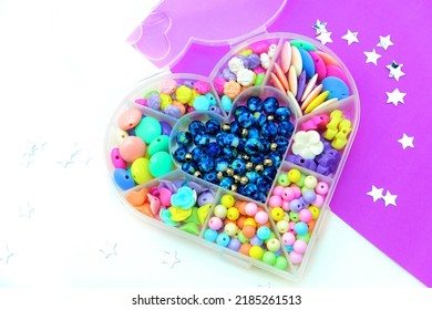 Set Of Multi-colored Beads For Needlework, Making Jewelry At Home. Easy And Creative Craft For Children And Teenagers