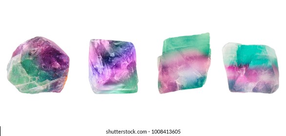 A Set Of Multicolored Fluorite, Fluorspar Mineral Crystals. Photo Of This Samples Can Be Used For Geology Science. Isolated On White