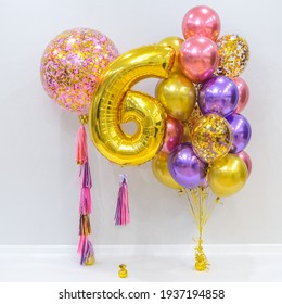 Set Of Multicolored Helium Balloons With Giant Balloon And Number