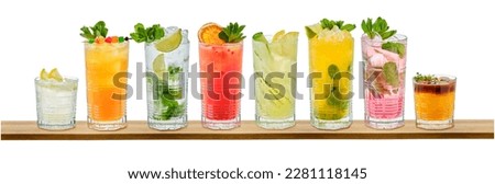Set of multicolored summer refreshing soft drinks on white background