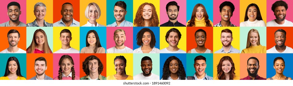 Set Of Multicultural People Headshots With Cheerful Young And Mature Multiethnic Females And Males Over Bright Colorful Studio Backgrounds. Diverse Society Concept. Portraits Collage, Panorama - Shutterstock ID 1891460092