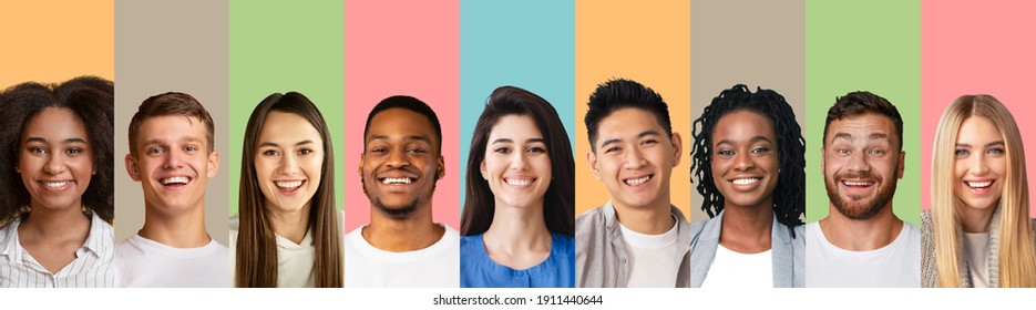 Set of multicultural people portraits over pastel color studio backgrounds, creative collage. Beautiful women and men of different races expressing happiness, copy space. Diverse society mosaic