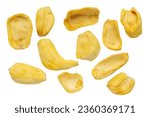 Set of multiple different dried jackfruit chips, dried jackfruit fruit isolated on white background with clipping paths. Flat lay, top view