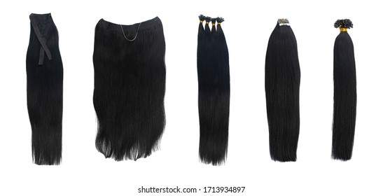 Set Of Multiple Fake Women Black Color Hair Extensions In Tails, Isolated On White Background. Different Attachment Types.