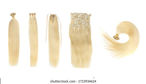 Set Of Multiple Fake Women Hair Extensions In Tails, Isolated On White Background. Light Blonde Color. And Different Attachment Types.