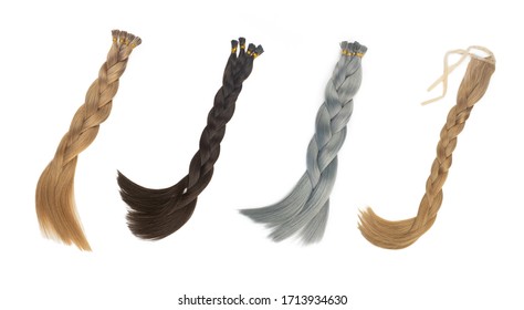 Set Of Multiple Fake Women Hair Extensions In Tails, Isolated On White Background. Dark Blonde, Brown And Silver Color. And Different Attachment Types.