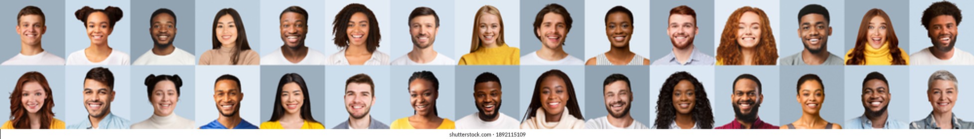 Set Of Multiple Portraits With Diverse Real Young People Smiling Looking At Camera Posing Over Blue Studio Backgrounds. Cheerful Females And Males Faces Collage, Panorama