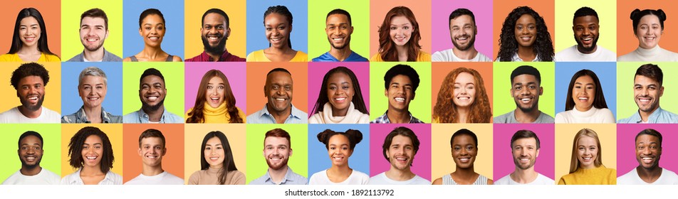 Set Of Multiracial People Faces Smiling To Camera Posing Over Different Pastel Colored Backgrounds. Headshots Of Diverse Men And Women In Collage. Generation Diversity Concept. Panorama - Shutterstock ID 1892113792