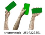 Set of mummy hands have dirty bandages on them holding mobile phones or cellphones with green screens. Mummy, devil, evil, satan or zombie hands are isolated over a white background. Halloween concept