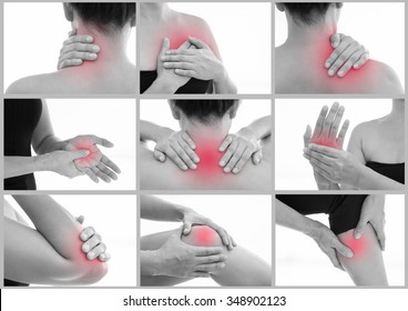 Set muscle pain and inflammation of various parts of the female body. Red around the pain area. Concept health and medical.