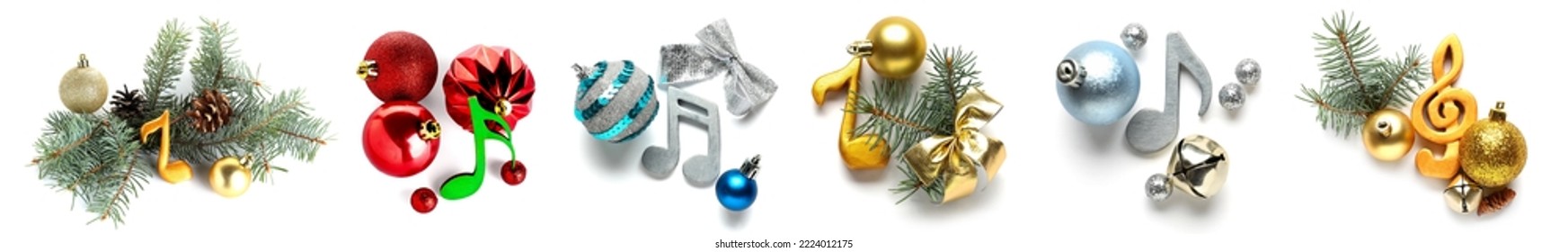 Set of music note signs and Christmas decor on white background, top view - Powered by Shutterstock